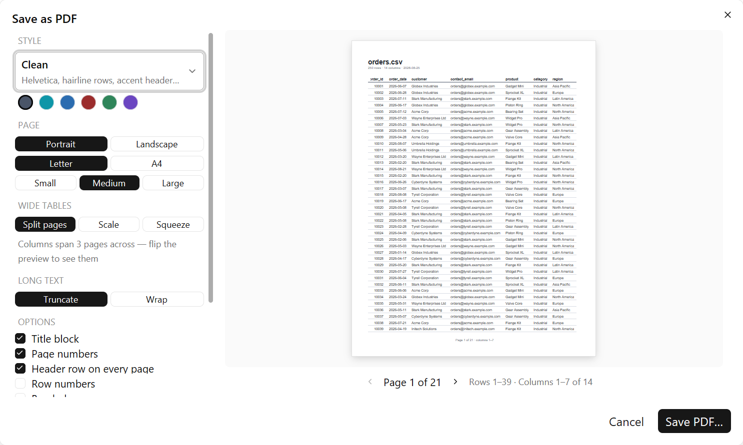 The Save as PDF dialog in csvlite, showing style and page options beside a live preview of page 1 of 21